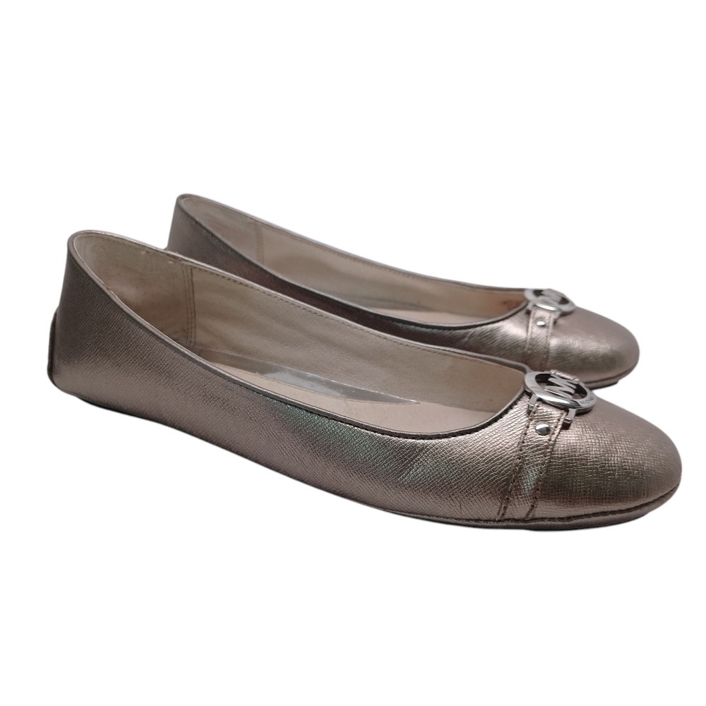 Michael Kors Flats Logo Metallic Driving Moccasins Silver Gold Womens 8